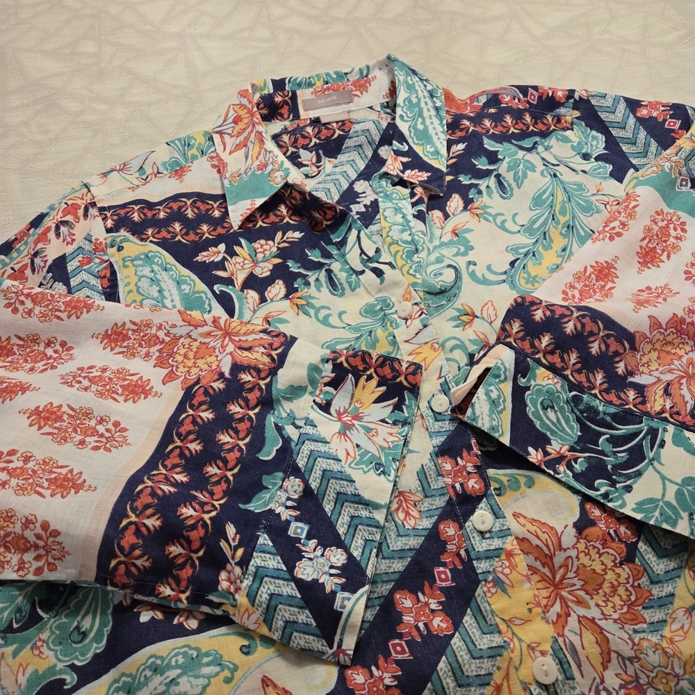 Chico's 100%‎ Linen 3/4 Sleeve Button Up Shirt Colorful Floral Women's Sz 16/18